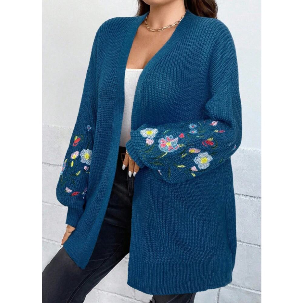 SHEIN Cardigan‎ Sweater Womens Size 3XL Blue Floral Embroidered Knit Open Front